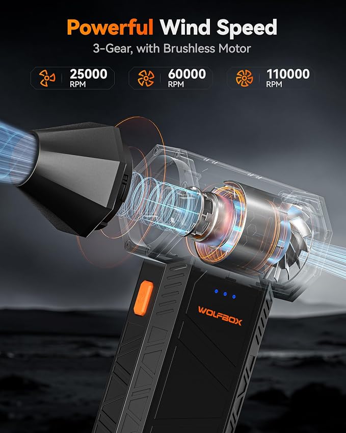 WOLFBOX MegaFlow 50 Compressed Air Duster, 110,000 RPM, 3-Gear Adjustable | Electric, Mini Blower, Fast Charging, Computer, Keyboard, House, Outdoor, Car, 0.45 lb Lightweight, 4 Nozzles - Image 2