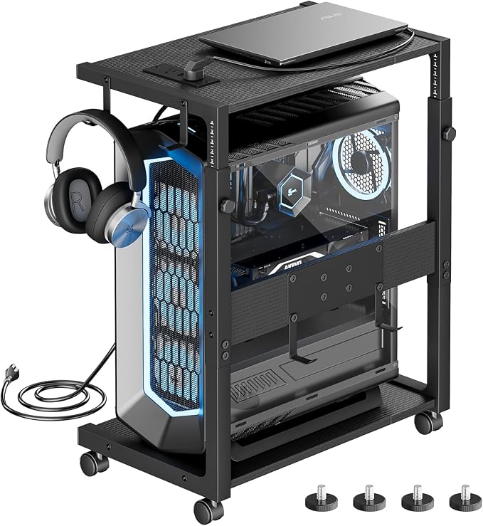 JANE EYRE Computer Tower Stand - Adjustable PC Tower Stand CPU Holder Cart with Charging Station for Office Home Classroom,23.03"-28.3" H, black by JANEEYRE