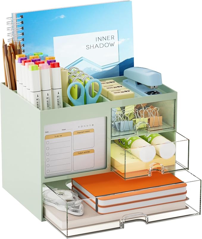 Marbrasse Desk Organizer with 3 Drawer, Multi-Functional Pencil Pen Holder for Desk, Desk Organizers and Accessories with 4 Compartments, Desktop Organizer Storage for Office Home Supplies (Green) by Marbrasse