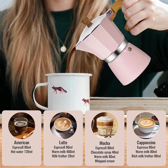 6 Cup Aluminum Moka Pot Classic Stovetop Espresso Coffee Maker 300ml 10oz Coffeemaker Percolator Mocha Pot Greca Coffee Maker Cafe Makers for Italian and Cuban Café Brewing Pink - Image 7