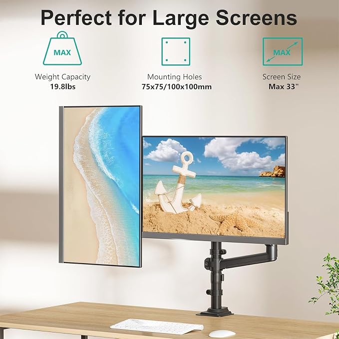 WALI Dual Monitor Mount, 13-33 Inch Adjustable Dual Monitor Arm for Desk Holds Max 19.8 lbs Screens, Swivel Vesa Bracket with C Clamp, Grommet Mounting, Monitor Arms for 2 Monitors (GSDM002) - Image 4