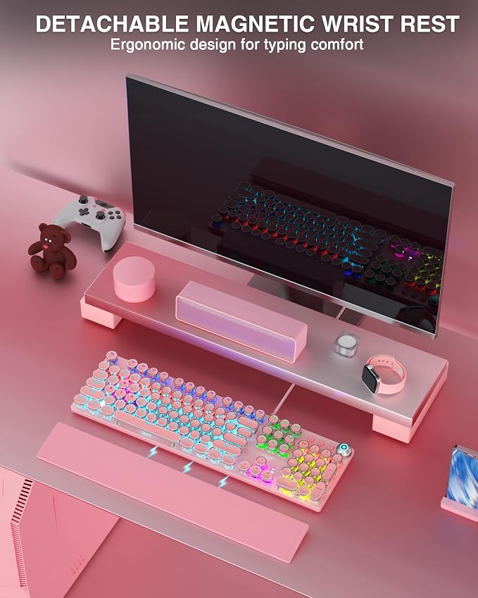 AULA F2088 Typewriter Mechanical Keyboard, Pink Retro Wired Gaming Keyboard with Blue Switches, Rainbow Backlit, Round Keycaps, Media Knob & Removable Wrist Rest - Image 2