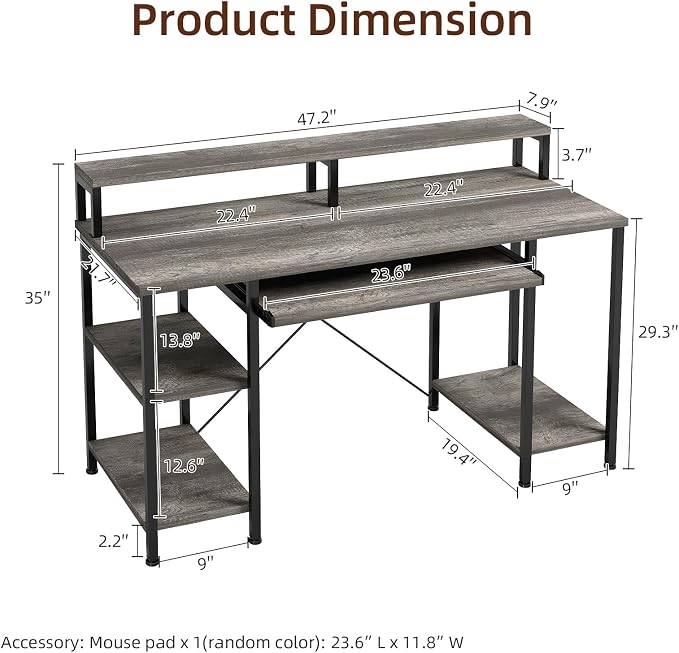 VERMESS Computer Desk- 48 Inch Home Office Desk with Keyboard Tray, 47" Gaming Desk with Full Monitor Stand & Storage Shelves & CPU Stand, Modern Study Writing Table with Shelf for Storage, Gray Oak - Image 3