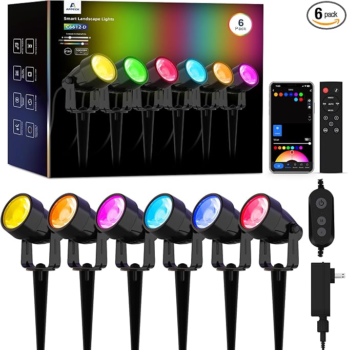 APPECK Landscape Lighting,RGBW Spotlights with APP Control,6 Pack | Color Changing Low Voltage ,IP65 Waterproof Outdoor Landscape Lights for Garden Yard Outside Decoration by APPECK