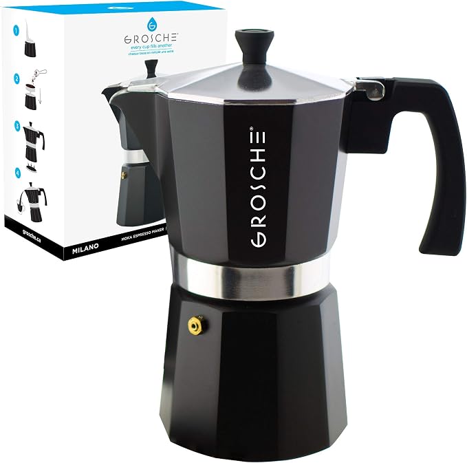 GROSCHE Milano Moka pot, Stovetop Espresso maker, Greca Coffee Maker, Stovetop coffee maker and espresso maker percolator (Black, 12 cup) | Cuban Coffee Maker And Italian Moka Pot For Stovetop Espresso; For Gas, Electric, And Propane Stoves With A Soft... by GROSCHE