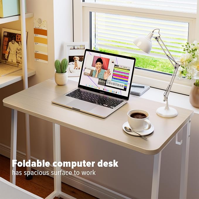 WOHOMO Folding Desk, 31.5" Foldable Computer Table for Small Spaces, Oak | Easy Assembly and Fold, Sturdy Home office desks for Study Bedroom Dorm Space Saving Writing Work Apartment - Image 5