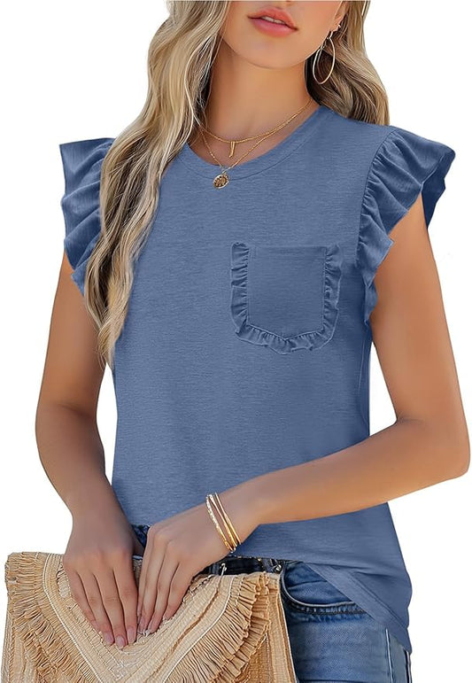 JUSTFASHIONNOW Womens Summer Tops Striped T-Shirts 2026 Ruffle Short Sleeve Crew Neck Casual Blouses with Pocket by Justfashionnow