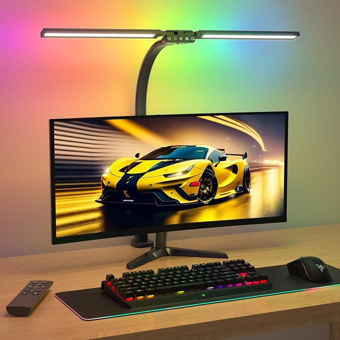 SIBRILLE Upgraded LED Desk Lamp for Home Office with RGB, Rotatable Computer Desk Light with Remote, Tall Table Lamp with Clamp for Working, Dimmable Dual Head Task Lighting for Monitor PC, 22W by SIBRILLE