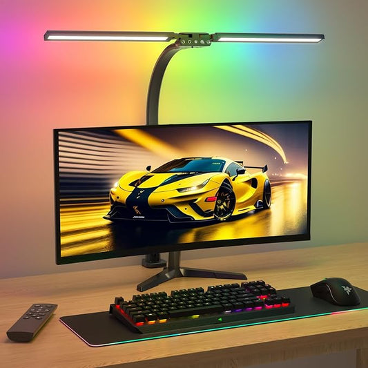 SIBRILLE Upgraded LED Desk Lamp for Home Office with RGB, Rotatable Computer Desk Light with Remote, Tall Table Lamp with Clamp for Working, Dimmable Dual Head Task Lighting for Monitor PC, 22W by SIBRILLE
