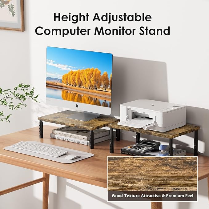 ECOLOVI Adjustable Wood Computer Monitor Stand Riser for Desk, Office Desk Organizer and Accessories for Monitor, Laptop, PC, Printer, Office Desk Accessories Workspace Organizer for Home Office Supplies, Brown 2-Pack - Image 3