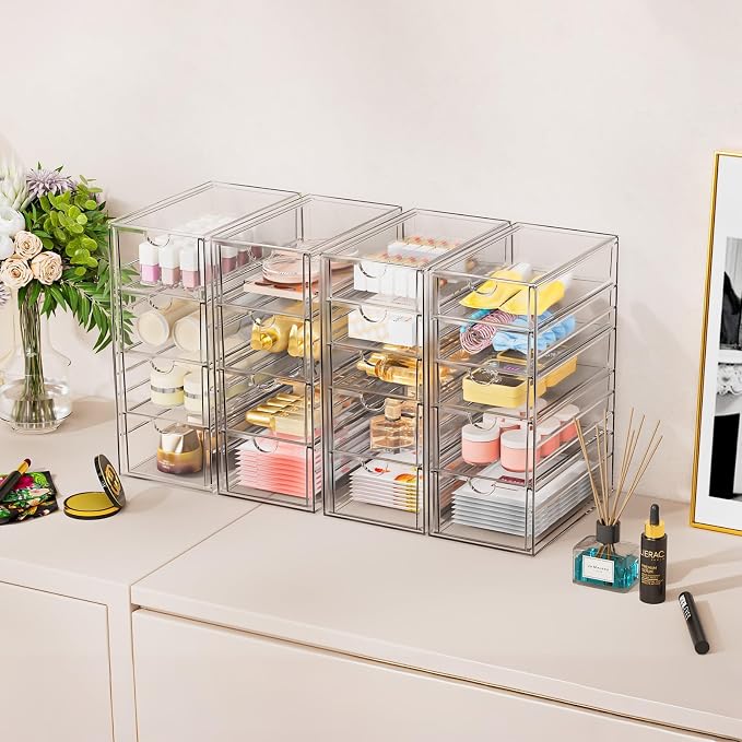 YFXCVSL 6-Pack Acrylic 31-Drawer Storage & Makeup Organizer for Desk | Smooth-glide drawers, clear acrylic, stackable, dustproof, wipe-clean, for makeup palettes, lipsticks, blushes, cotton pads - Image 2