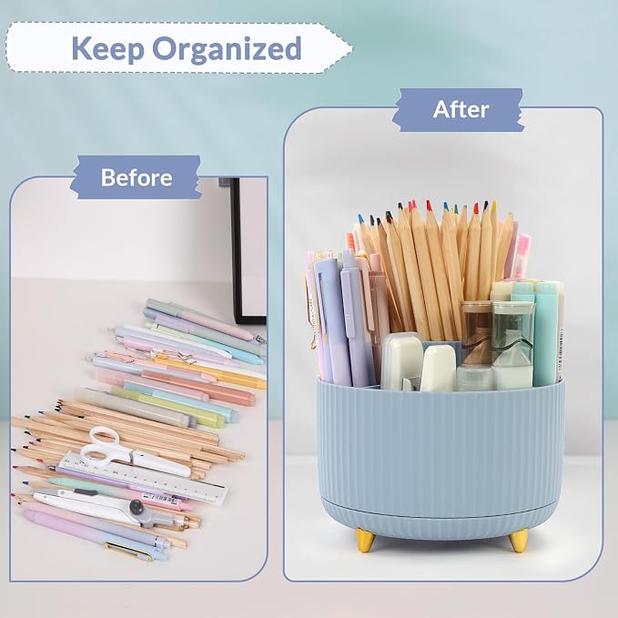 SKYDUE 360 Degree Rotating Desk Organizer, Dual-Purpose Pencil Pen Holder, Rotating Desk Pen Organizer with 5 Slots, Pencil Cup for Office, School, Home (Airy Blue) - Image 3