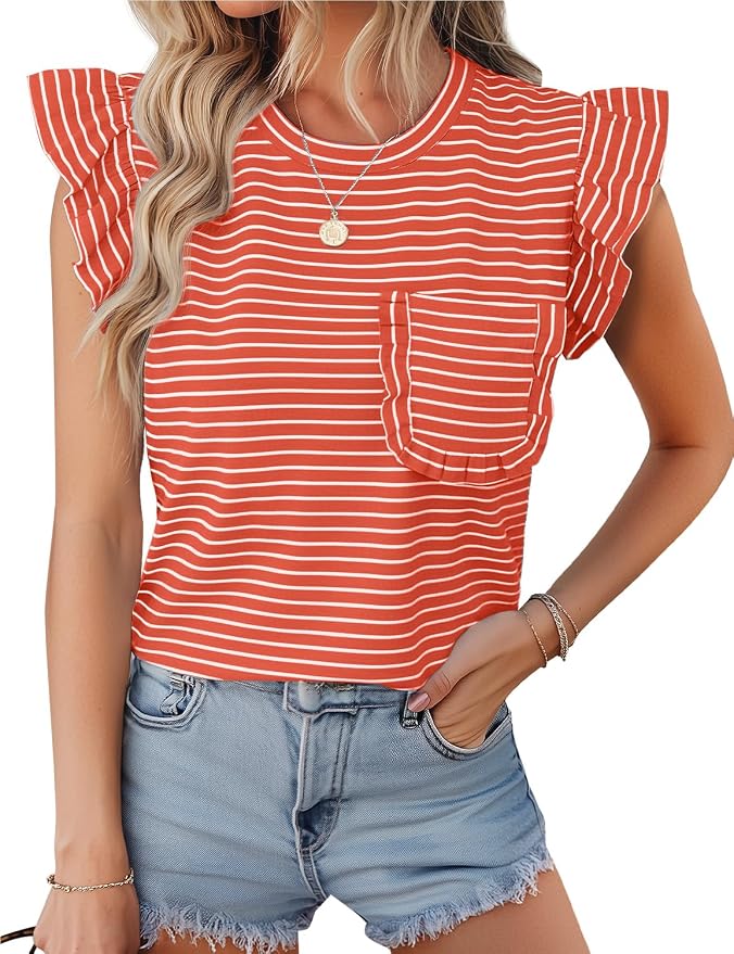 JUSTFASHIONNOW Womens Summer Tops Striped T-Shirts 2026 Ruffle Short Sleeve Crew Neck Casual Blouses with Pocket - Image 2