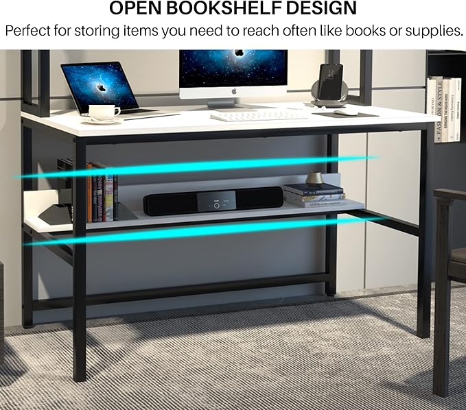 Aquzee Computer Desk, Easy Assembly Gaming Table with Hutch and Shelves, 4 Tiers Desk with Large Wood Desktop, Metal Legs, Ideal for Storage Study Work Writing Homework, White, 55Wx65Hx23.6D Inches - Image 8