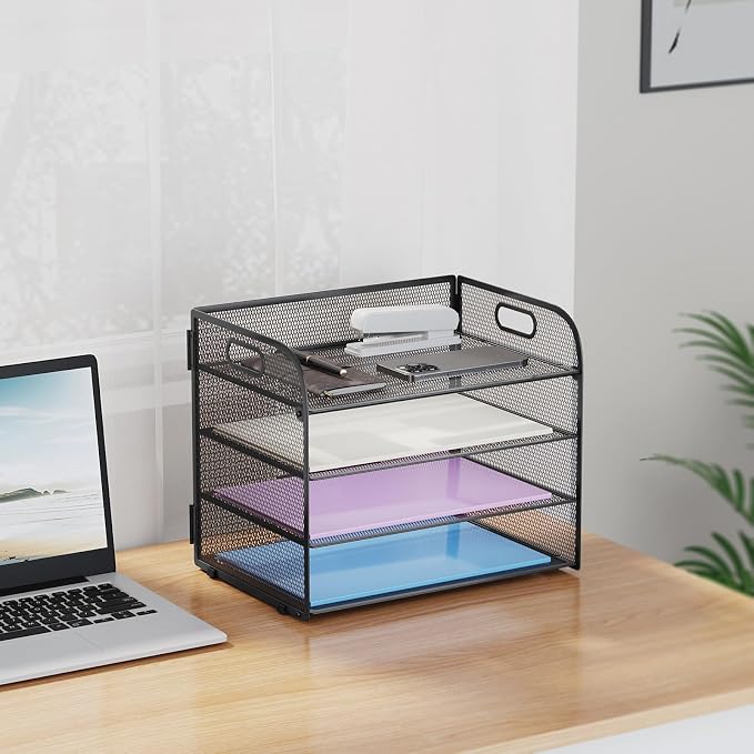 Marbrasse 2 Pack 4 Tier Paper Organizer Letter Tray - Mesh Desk File Organizer with Handle, Paper Sorter Organizer for Letter/A4 Office File Folder Holder (Black, 12.6" x 9.1" x 10.7") - Image 7