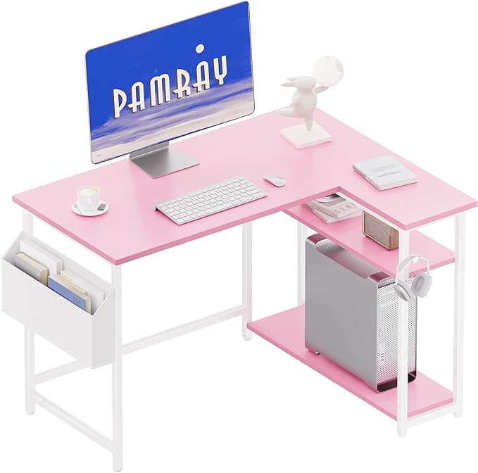 Pamray 40 Inch L Shaped Computer Desk with Reversible Side Storage Shelves, Small Corner Desk for Small Space Home Office, Writing Study Table PC Desk for Bedroom, Pink by PAMRAY