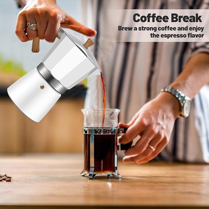 6 Cup Aluminum Moka Pot Classic Stovetop Espresso Coffee Maker 300ml 10oz Coffeemaker Percolator Mocha Express Preferred Cafe Makers for Italian and Cuban Café Brewing White - Image 9