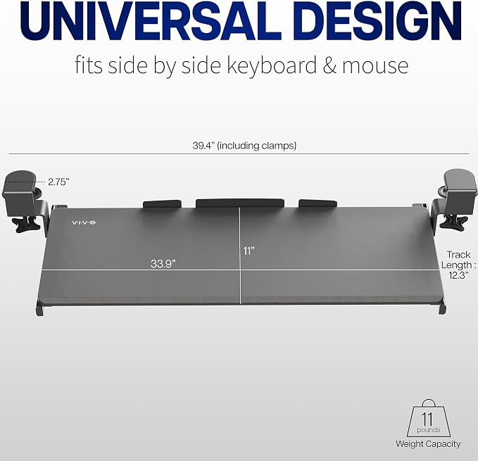 VIVO White Extra Large 34 x 11 in Under Desk Keyboard Tray, MOUNT-KB15EW | Keyboard Tray for Typing, Slide Out Platform, Extra Sturdy C-Clamp Mount System, Computer Drawer, Black Frame - Image 3