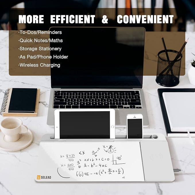 SELEAD Desktop Glass Whiteboard with Wireless Charger Station, Dry Erase Board Computer Pad Keyboard Stand with Organizer Drawer for Home, School, Office Desk Accessories, White - Image 3