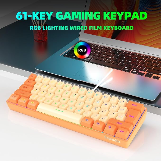 Snpurdiri 60% Wired Gaming Keyboard, RGB Backlit Ultra-Compact Mini Keyboard, Waterproof Mini Compact 61 Keys Keyboard for PC/Mac Gamer, Typist, Travel (Orange and Cream) | Backlit Ultra-Compact Mini Gaming Keyboard for PC/Mac Gamer, Typist, Travel - Image 4
