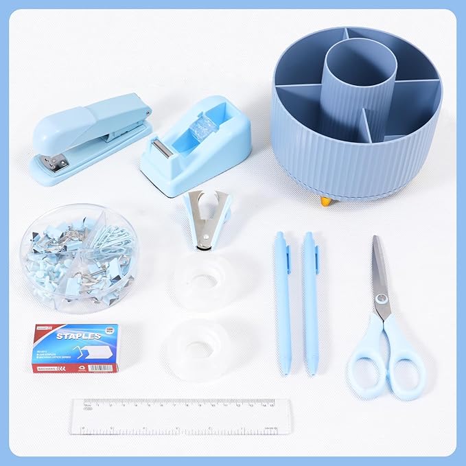 Gawsey Blue Desk Organizers and Accessories with Desk Organizer 360° Rotating Pen Holder and Office Supplies, Cute Stationery Supplies Set - Image 8