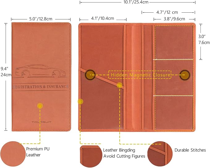 TOURSUIT Car Registration & Insurance Card Holder, Brown | Vehicle License Document Organizer, Glove Box Compartment, Interior Car Accessories, For Women Men - Image 4