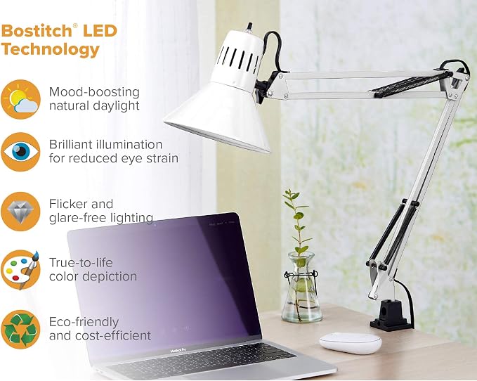 Bostitch Office VLF100-WHT Swing Arm Desk Lamp with Clamp Mount, 36" Reach with Multi-Joint Adjustment, Includes Replaceable LED Bulb (VLF), White - Image 6