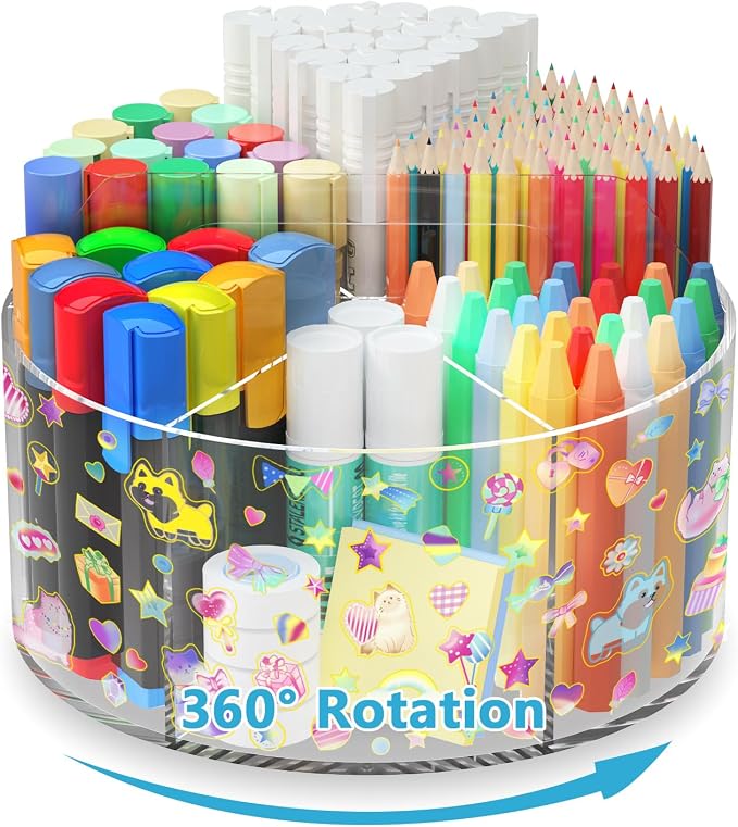 Acrylic Pen Holder for Desk Organizer Holder with 2 Adhesive DIY Stickers | Marker Holder Organizer with 2 Cute Sticker, 360 Degree Office Supply Organizer Clear Pencil Holder for Kid 6 Compartments by Wawocs