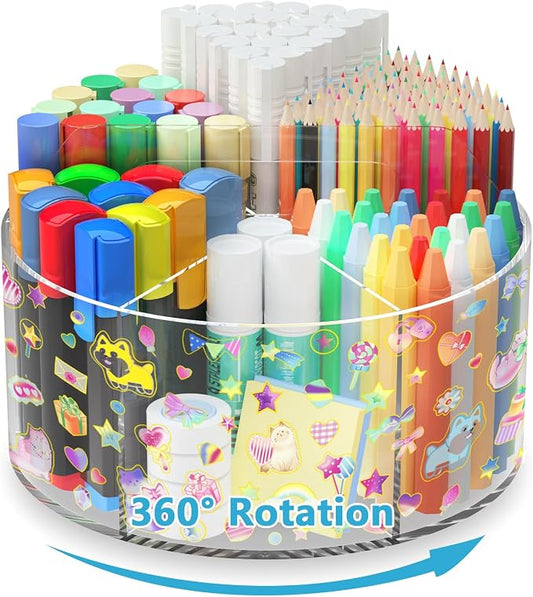 Acrylic Pen Holder for Desk Organizer Holder with 2 Adhesive DIY Stickers | Marker Holder Organizer with 2 Cute Sticker, 360 Degree Office Supply Organizer Clear Pencil Holder for Kid 6 Compartments by Wawocs