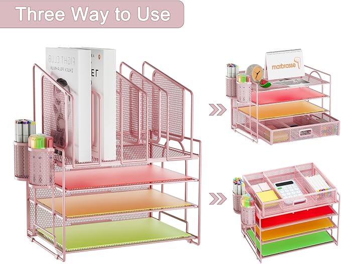 Marbrasse Desk Organizers, 4-Tier Mesh Desk File Organizer with 5 Vertical File Holders and 2 Pen Holders, Multifunction Desktop Organizer,Desk Organizers and Accessories for Home Office (Pink) - Image 4