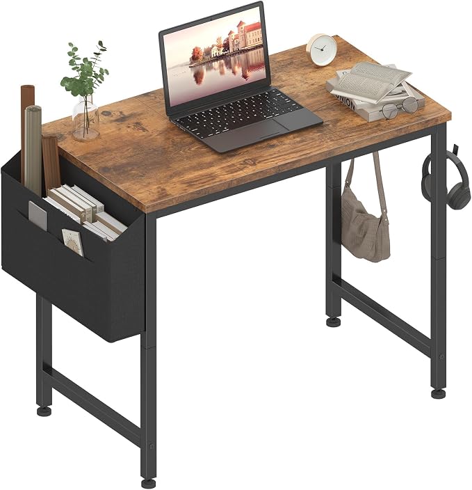Lufeiya Small Desk for Small Spaces, 32 Inch Kids Girls Study Writing Desks for Bedroom, Simple Modern Laptop PC Little Side Table with Storage Bag Headphone Hooks, Rustic Brown by LUFEIYA