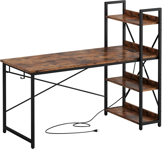 IRONCK Computer Desk 55" with Power Outlet and Storage Shelves,Rustic Brown | Study Writing Table with USB Ports Charging Station, PC Desk Workstation for Home Office - Image 9