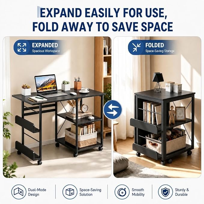 Garvee Folding Desk with Wheels, 31.5" Foldable Computer Desk with Storage Shelf, Space Saving Rolling Home Office Desk for Small Spaces, Portable Writing Table with Side Organizer, Black - Image 4