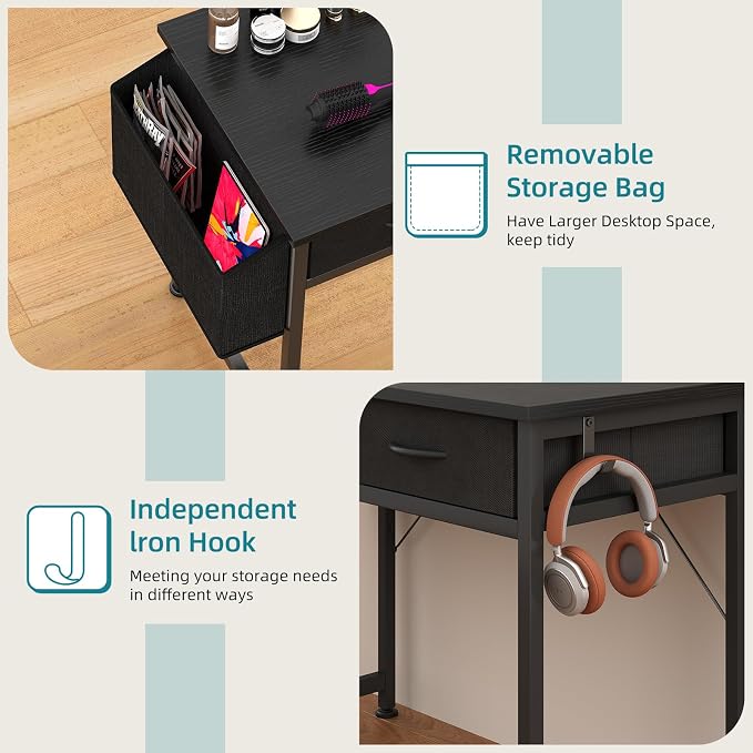 CAIYUN Computer Office Desk for Small Space with Fabric Drawers, Home Office Desk for Bedroom with Side Pocket and Hook, 31 Inch Kid’s Desk, Writing Desk, Study Table and Work Desk, Black - Image 4