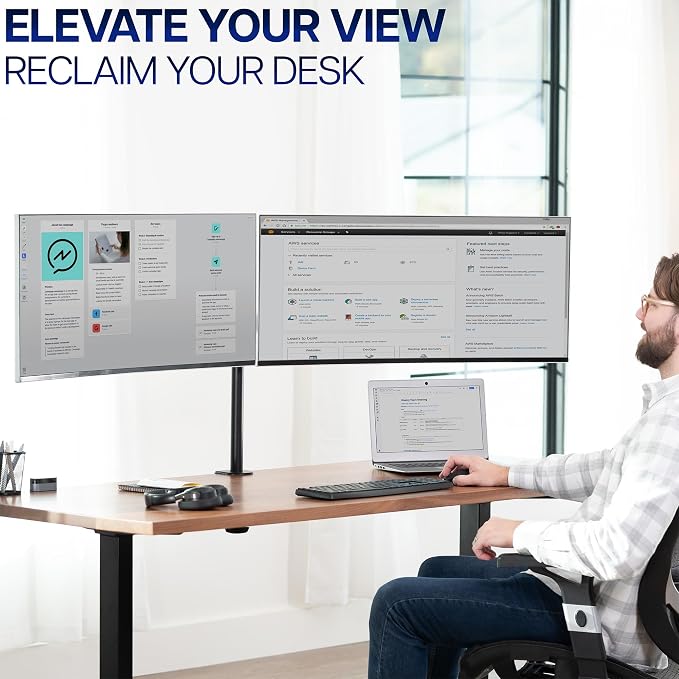 VIVO Dual Ultrawide Monitor Desk Mount, Heavy Duty Fully Adjustable Steel Stand, Holds 2 Computer Screens up to 38 inches and Max 22lbs Each, Black, STAND-V038 - Image 9
