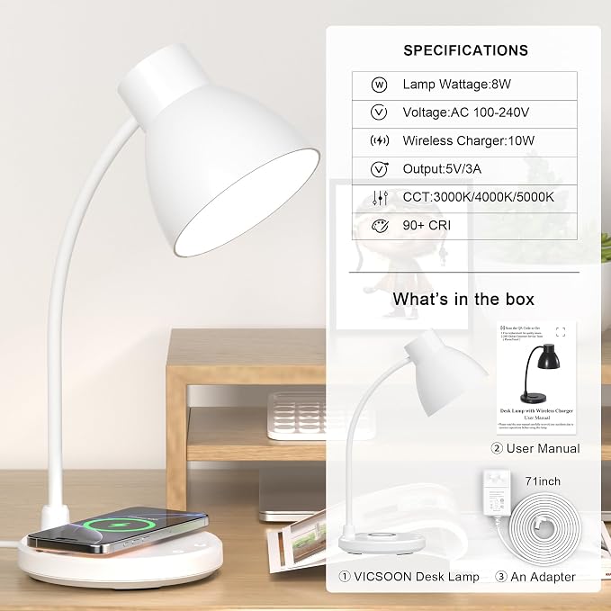 LED Desk Lamp for Home Office with Wireless Charger, White | 3 Color Modes Dimmable Eye-Caring Study Reading Dorm Desk Lamp, 360° Flexible Arm Table Lamp for College Dorm Room, 800 Lumen - Image 9