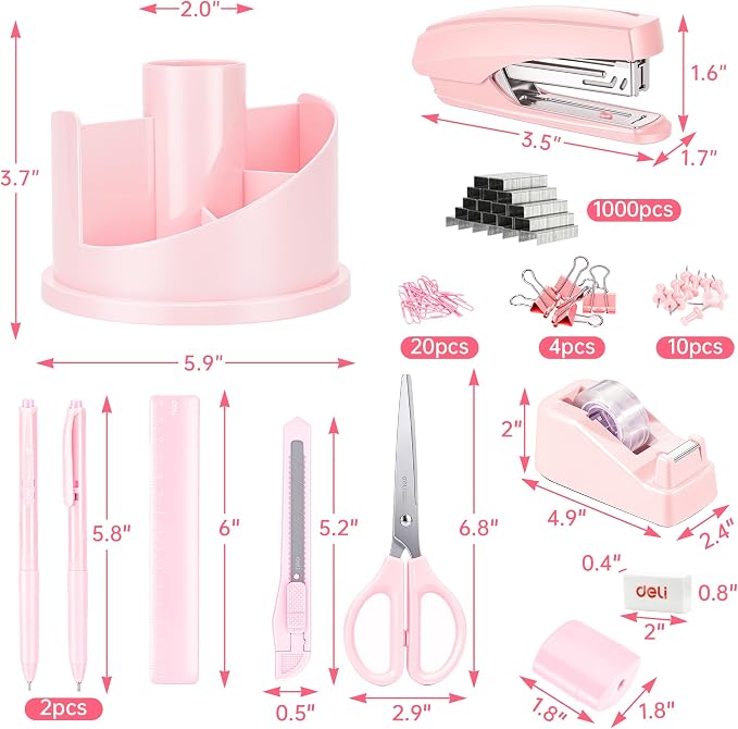 deli Office Supplies Set, Desk Accessory Organizer Kit, Pink | Stationary Set, Desk Supplies with Rotating Multi-Functional Pen Holder &Stapler Set for Office, School, Home - Image 3