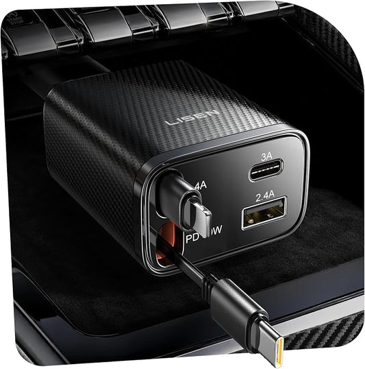 LISEN Retractable Car Charger, 84W Car Charger USB C Fast Charger Adapter, Car Accessories for Men Women, Gifts for Fathers Day for Men Dad Husband, for iPhone 17 16 15 14 13 12 Pro Max, Carbon-Black | Car Accessories, Compatible with iPhone 17 16 15 1... by Lisen