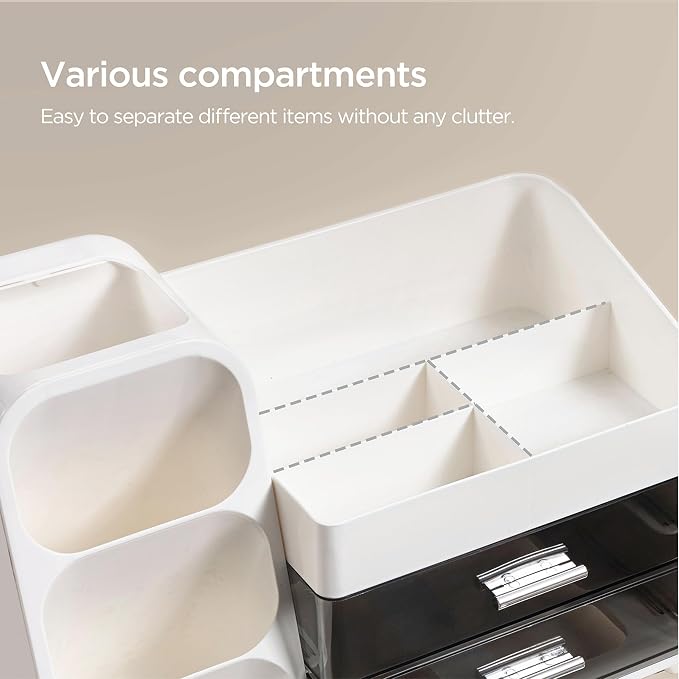 HBlife Makeup Organizer with Brush Holder for Vanity, Large Plastic Bathroom Countertop Organizer Skin Care Storage, Easy to Store Lipsticks, Nail Polishes, Perfumes, Eyeshadow Palettes, White - Image 3