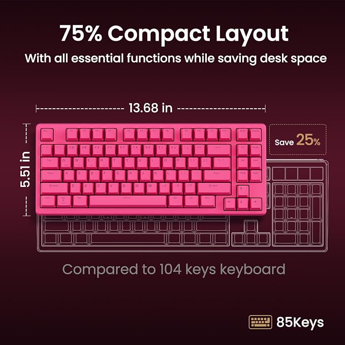 Kisnt KN85 Wireless Silent Mechanical Keyboard, 75% Layout, Bluetooth/2.4GHz/USB-C, Custom RGB Backlit, Hot Swappable, Quiet Typing for Windows/Mac/PC (Berry Red) - Image 8