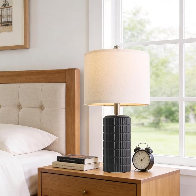 PoKat Small Table Lamps Set of 2 for Bedroom, 20.75'' Matte-Textured Farmhouse Ceramic Bedside Lamps for Night Stands, Stone-Like Modern Lamps for Living Room End Table Hallway Entryway Decor Black - Image 6