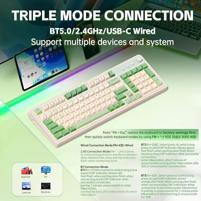 AULA S99 Gaming Keyboard, Wireless Green Creamy Computer Keyboards | Tri-Mode Bluetooth/2.4GHz/USB-C Membrane Keyboard with Number Pad,99Keys,RGB Backlit,Programmable,Creamy Silicone Structure - Image 3