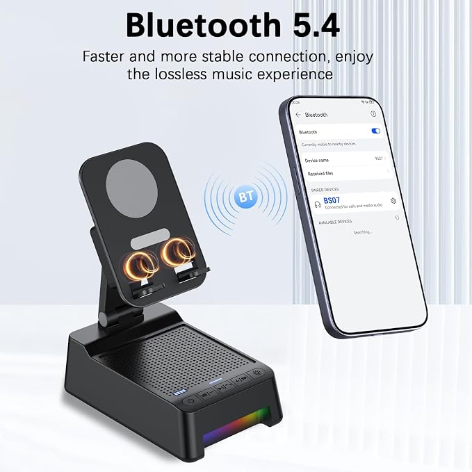 Wireless Induction Speaker 5-in-1 Bluetooth Speaker with Phone Stand, Father's Day Present, Stereo Sound 8 RGB Ambient Light, 360° Rotation Adjustable Desktop Stand for iOS Android - Image 4