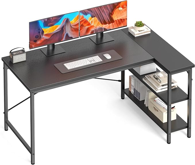 DUMOS L Shaped Computer Desk, 47" Gaming Corner Desks with Shelves | Home Office PC Table, Writing Working Study Desk with Reversible Layout, Bedroom Dorm, Black by DumosLifestyle