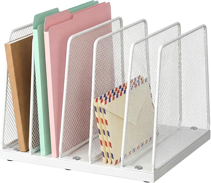 LEKETREE Small Desk File Organizer, 5-Section Upright File Sorter, Vertical File Folder Holder, Mesh Metal Wood Office Desktop Organization for Document, Magazine, Books and more (White) by Stylishworkspaceeffortlessorganization