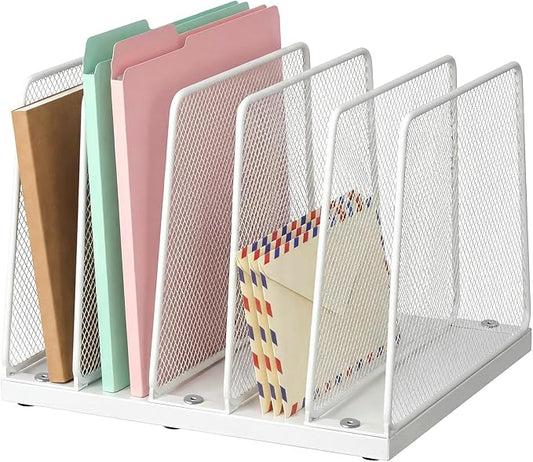 LEKETREE Small Desk File Organizer, 5-Section Upright File Sorter, Vertical File Folder Holder, Mesh Metal Wood Office Desktop Organization for Document, Magazine, Books and more (White) by Stylishworkspaceeffortlessorganization