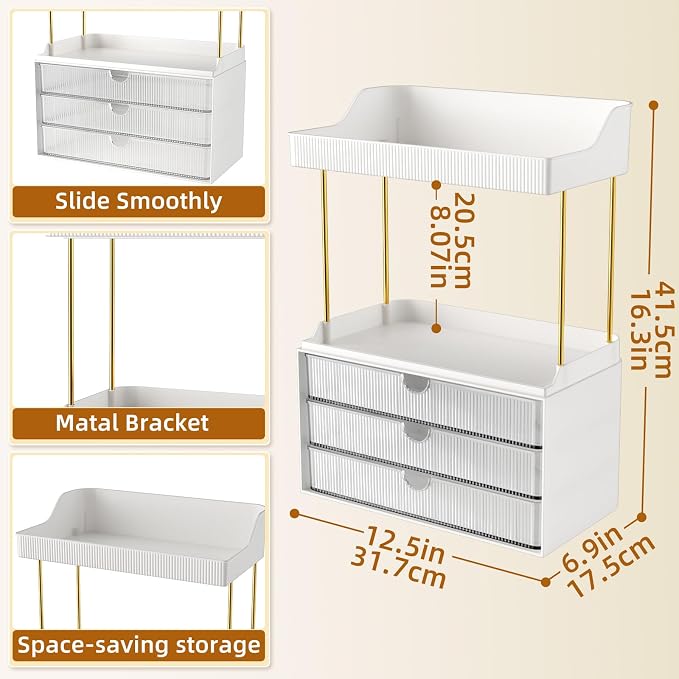 StorBin Arcylic 5-Tier Makeup & Skincare Organizer for Vanity, Bath, 2 Sets | Smooth 3 drawers, clear body, gold frame, non-slip, for perfumes, serums, face masks, palettes, vanity & bath counter,Clear - Image 2