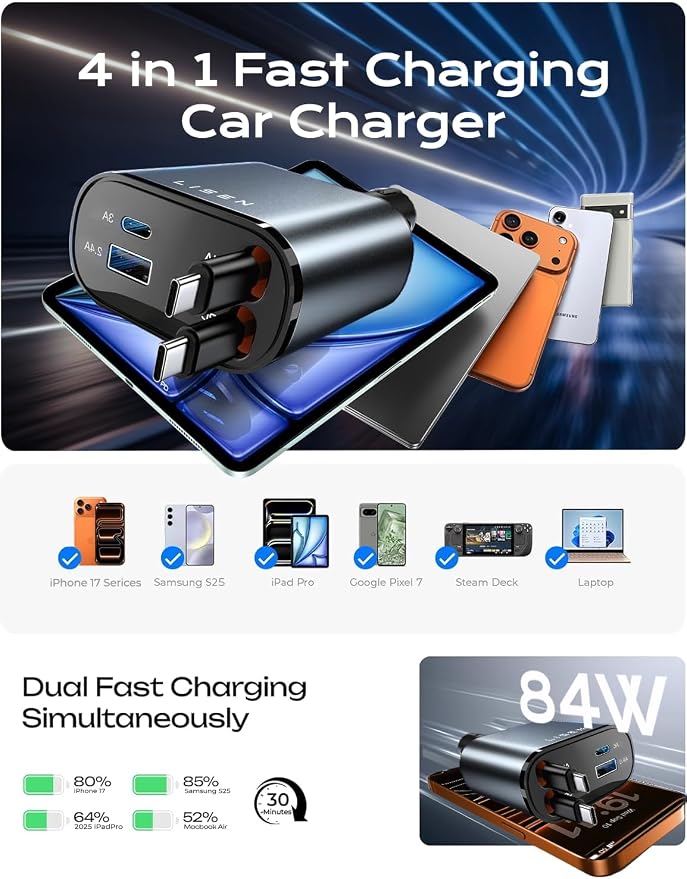 LISEN Retractable Car Charger, Duanl C Retractable Car Chagrer 84W Car Charger USB C Fast Charger Adapter, Car Accessories for Men Women, for iPhone 17 16 15 14 13 12 Pro Max, Grey - Image 5