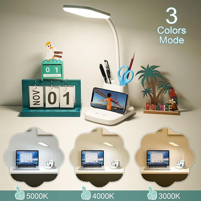 LED Desk Lamp with 10W Wireless Charging & Pen Holder, Snow White | CRI 95, 800LM, Stepless Dimming, 3 Modes, 360°Flexible Arm, Touch, Study Table Lamp for Home Office, Dorm Room, with Adapter - Image 4
