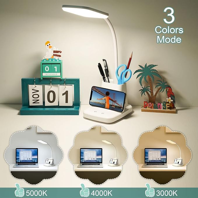 Upgraded 10W Wireless Charging LED Desk Lamp with Pen Holder, White | CRI 95, 800LM, Stepless Dimming, 3 Modes, 360°Flexible Arm, Touch, Study Table Lamp for Home Office, Dorm Room, with Adapter - Image 4